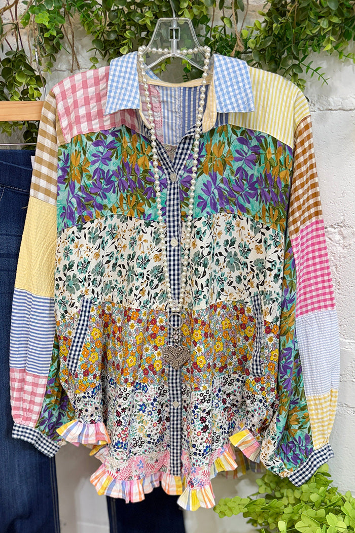 Mixed Print Patchwork Gingham Top