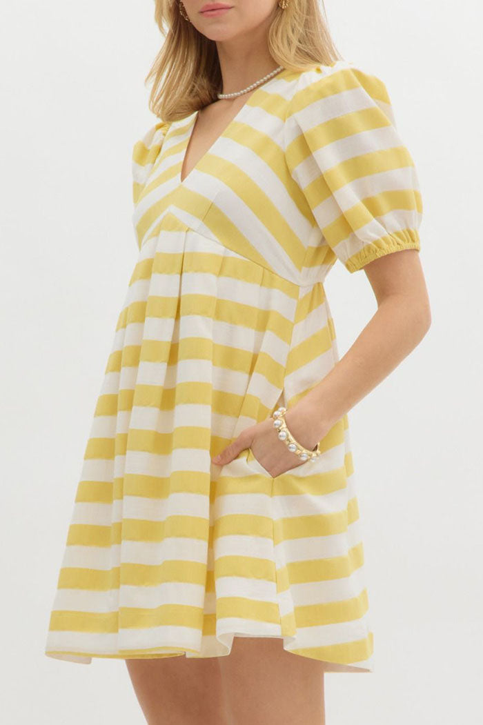 Striped Puff Sleeve Pocket Dress