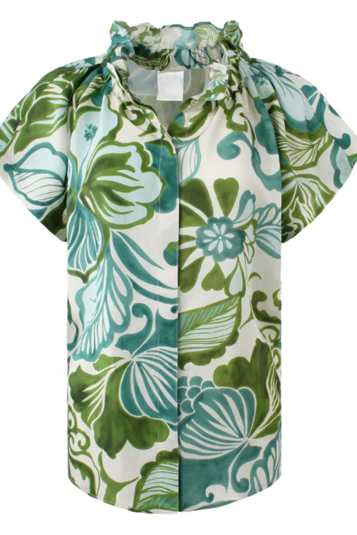 Tropical Print Ruffled Button Top