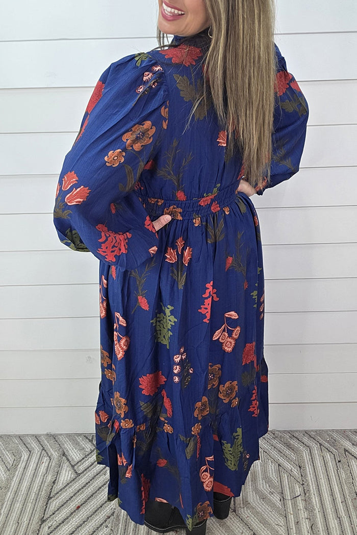 Floral Elastic Waist V Neck Long Dress