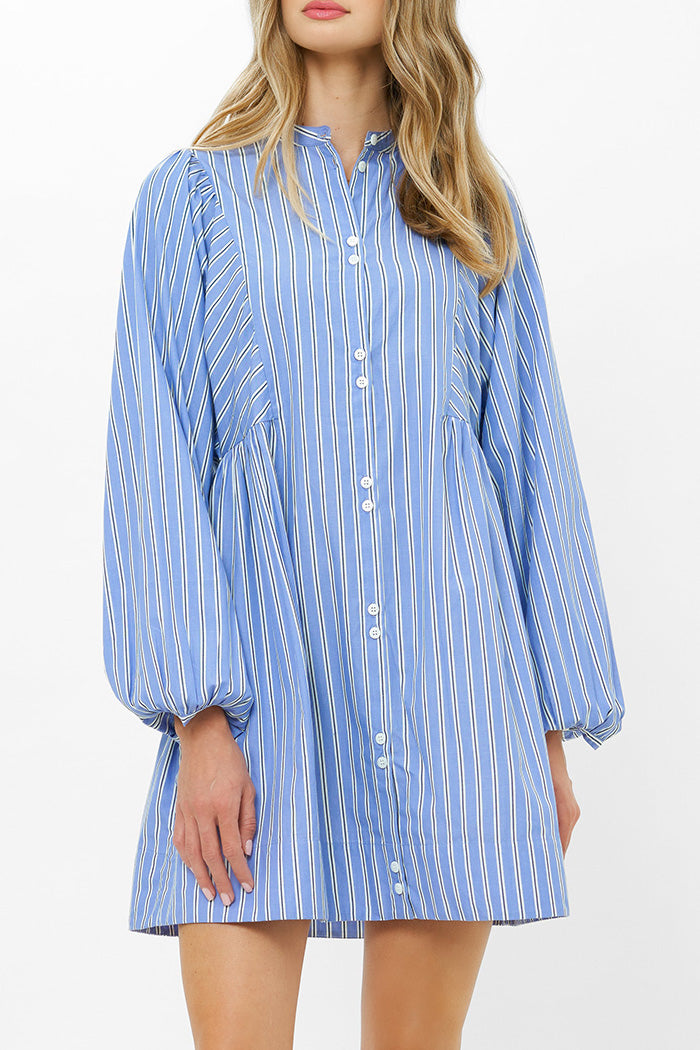 Pinstripe Balloon Sleeve Button Dress