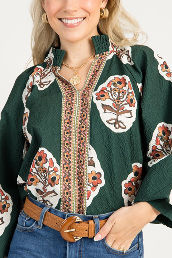 Pleated Collar Floral Top