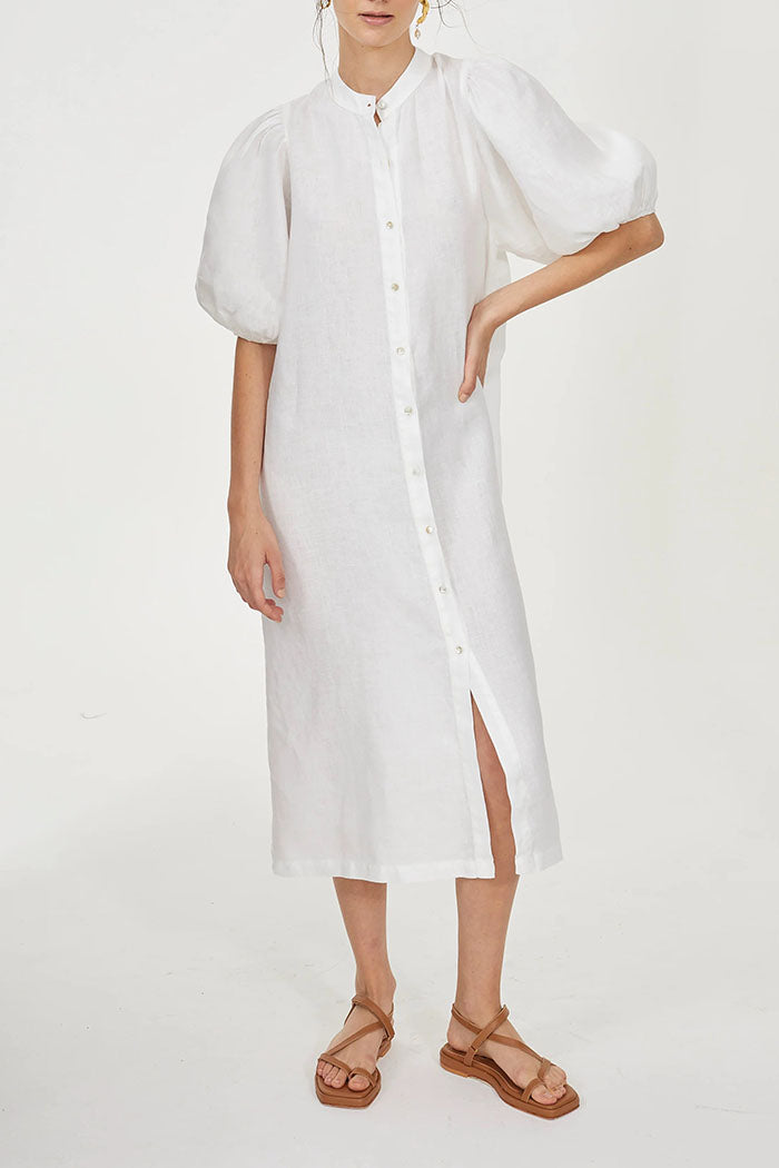 Solid Color Puff Sleeve Button Dress