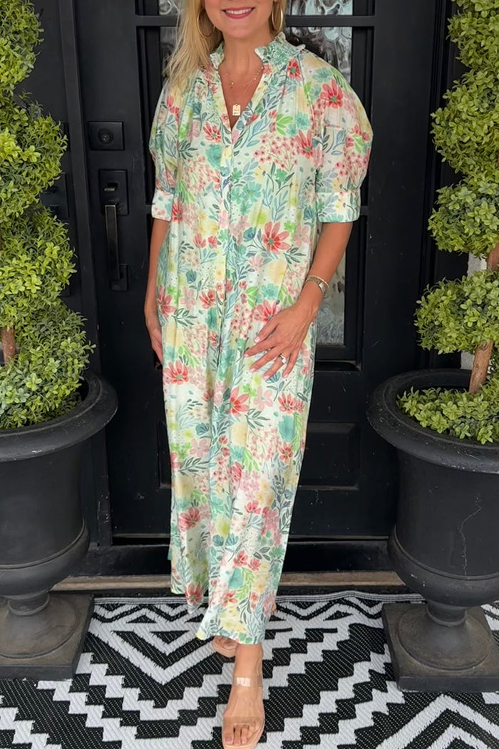 Button Front Floral Pocket Dress