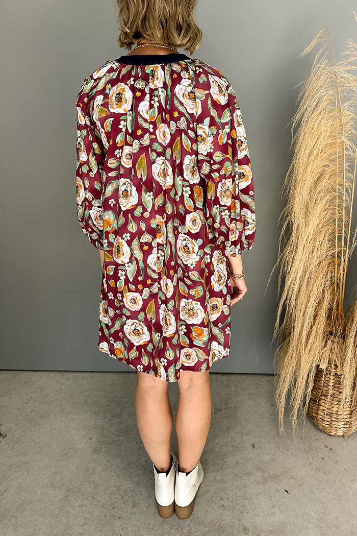 Floral Print Contrast Trim Puff-Sleeve Pocket Mini Dress