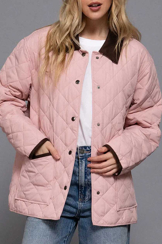 Contrast Lapel Collar Detail Quilted Puffer Pocket Jacket