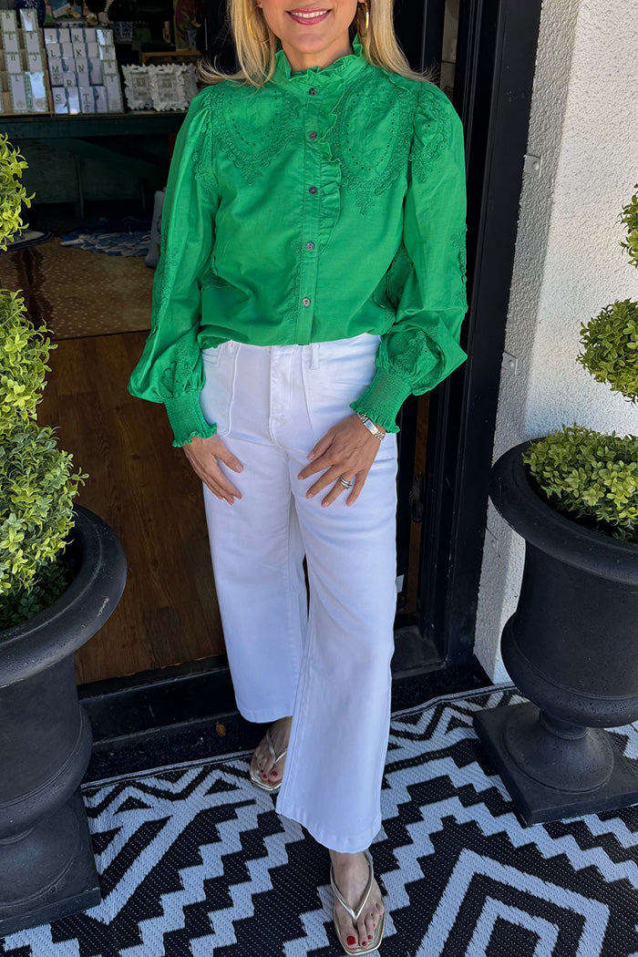 Green Ruffled Embroidery Top