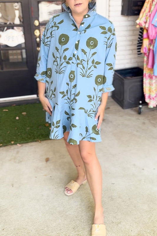 Plant Printed Ruffled Hem Dress