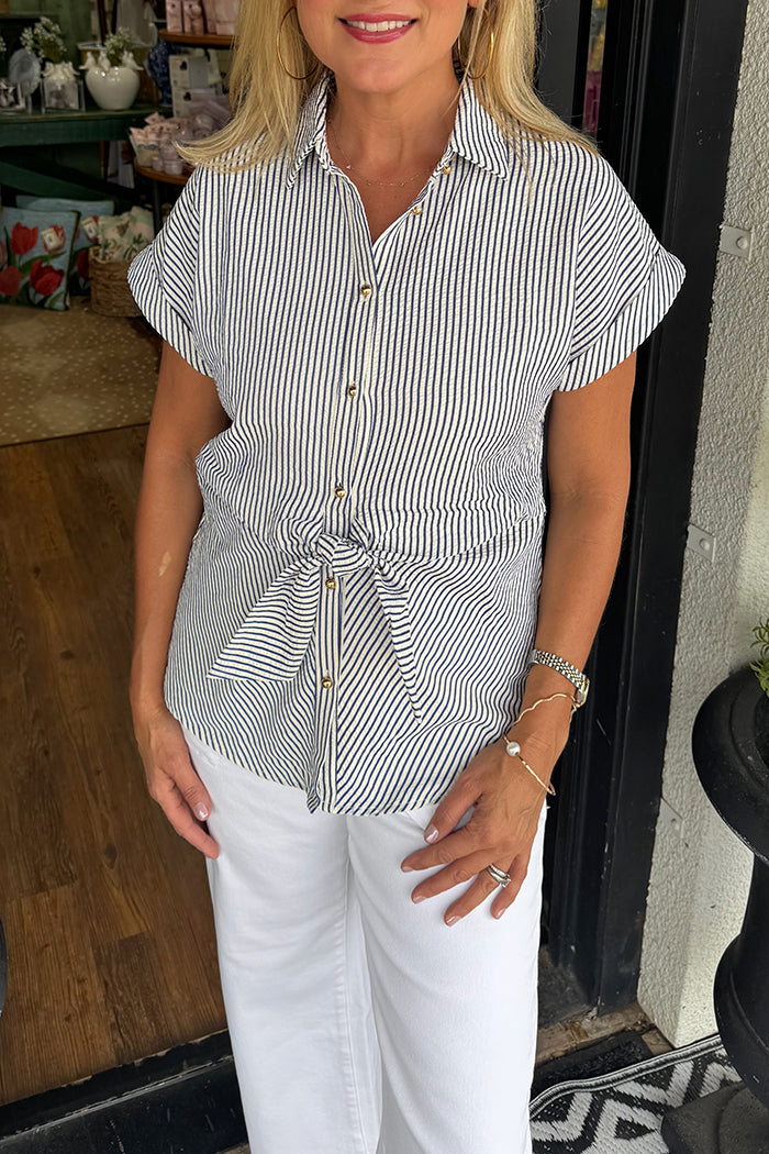 Short Sleeve Striped Tie Front Shirt Top