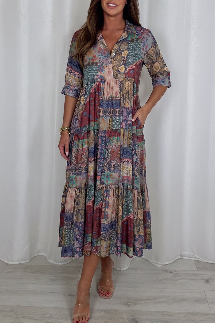 Patchwork Print Button-Down Pocket Maxi Dress