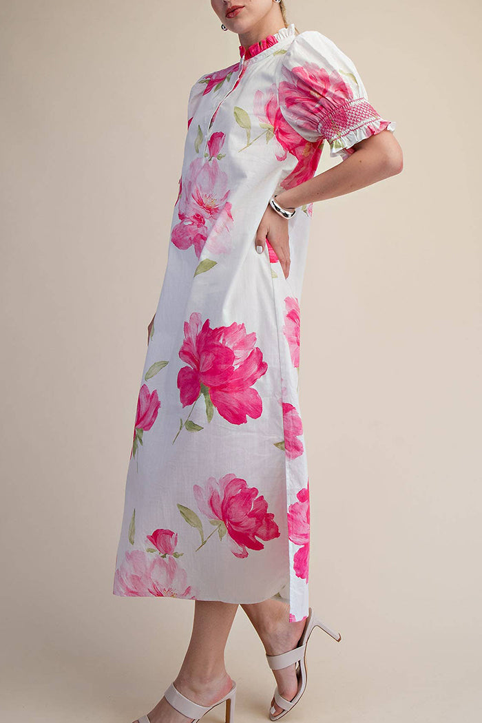 Floral Ruffle Neck Midi Dress