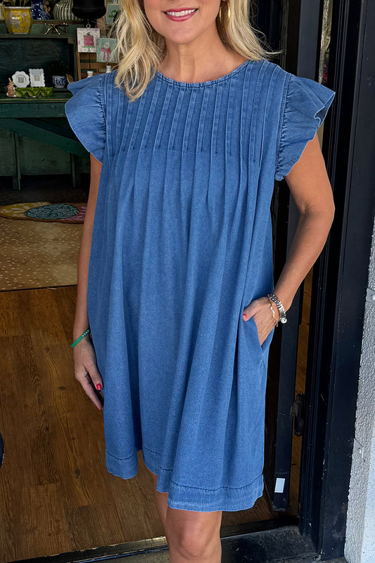 Denim Flutter Sleeve Pleated Pocket Dress