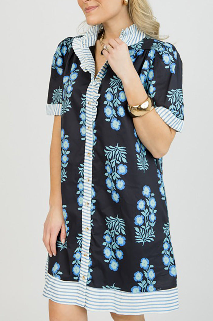 Pocketed Floral Stripe Trim Dress