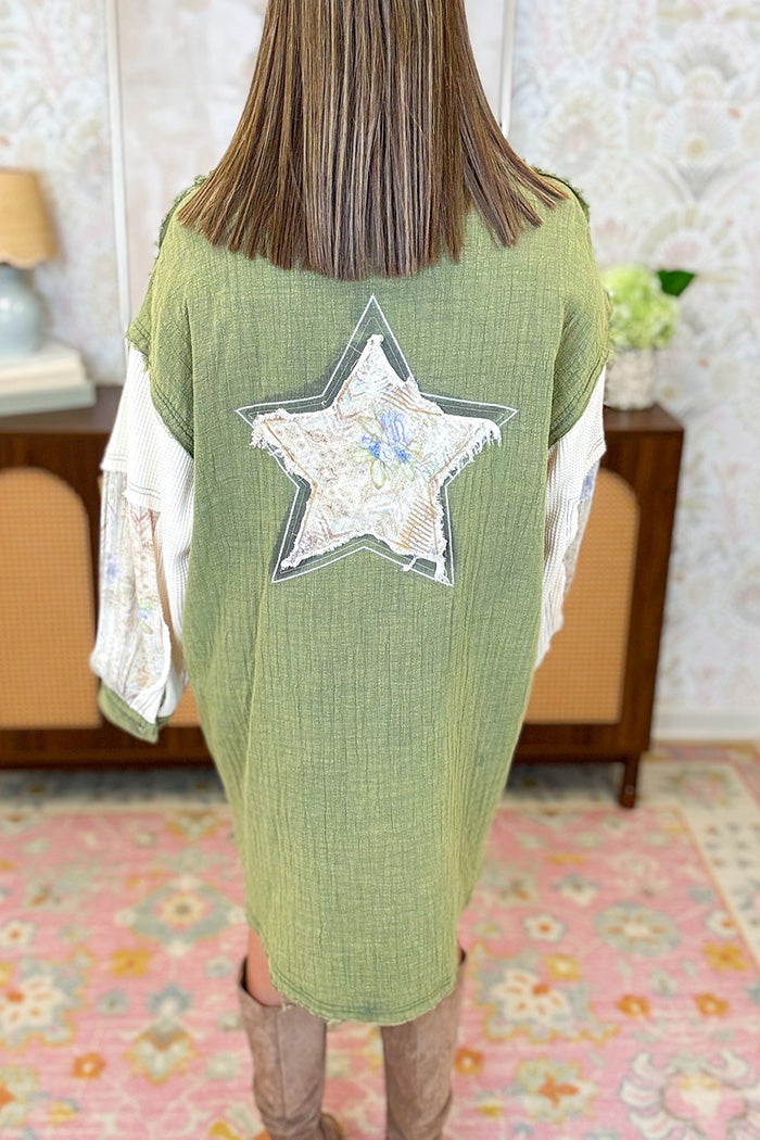Patchwork Peace Sign Button Front Shirt Dress