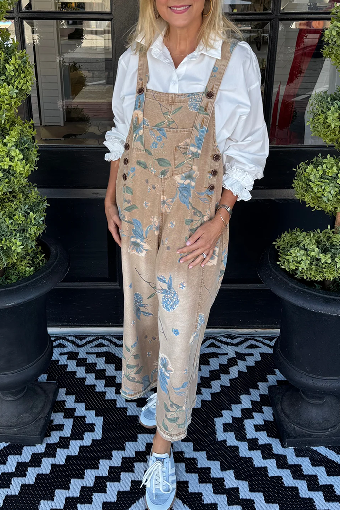 Mocha Blue Floral Print Pocket Overalls