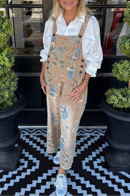 Mocha Blue Floral Print Pocket Overalls