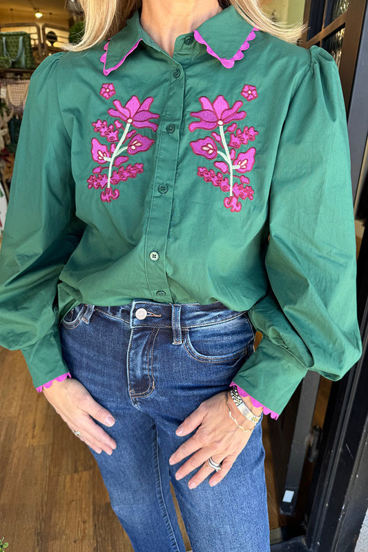 Relaxed Floral Embroidered Puff Sleeve Top