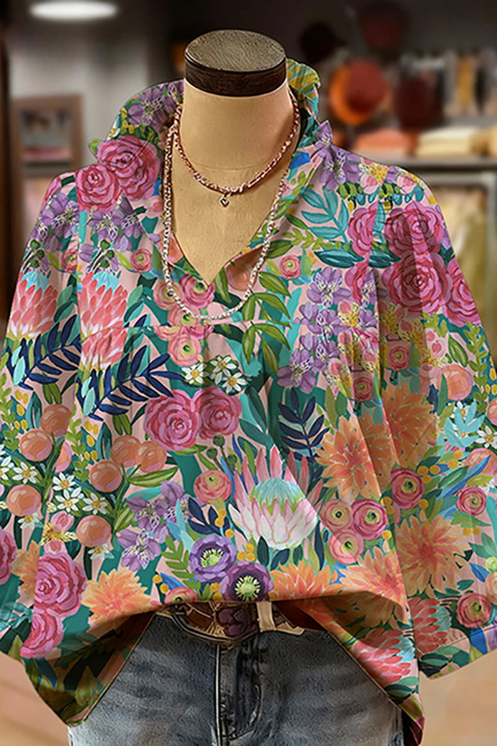 Floral Pattern Ruffled V-Neck Puff-Sleeve Blouse