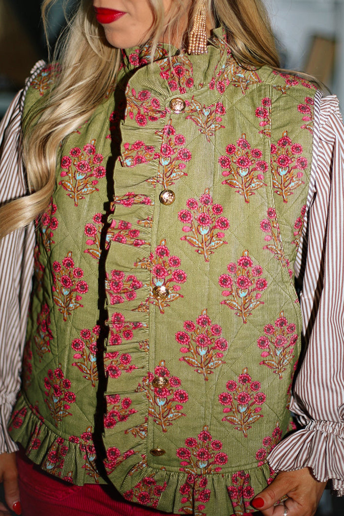 Olive Green Floral Ruffled Pocket Vest