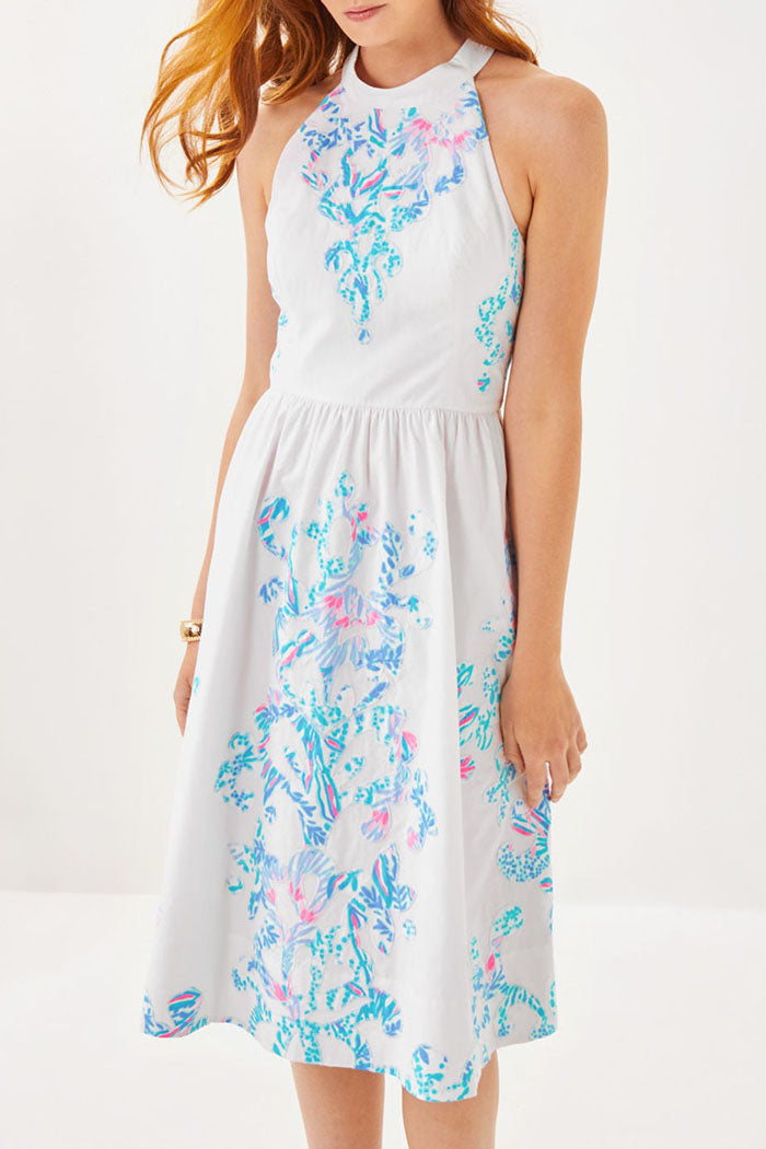 White Applique Mock Collar Halter Dress