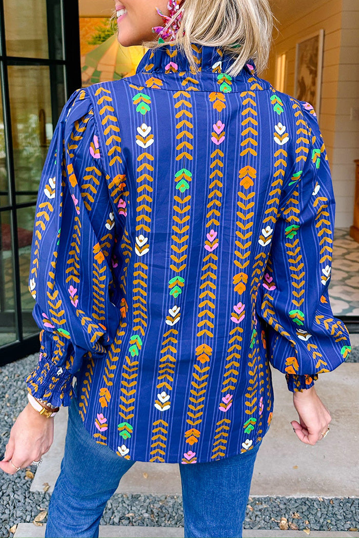 Floral Vine Print Ruffled Smocked Cuff Top