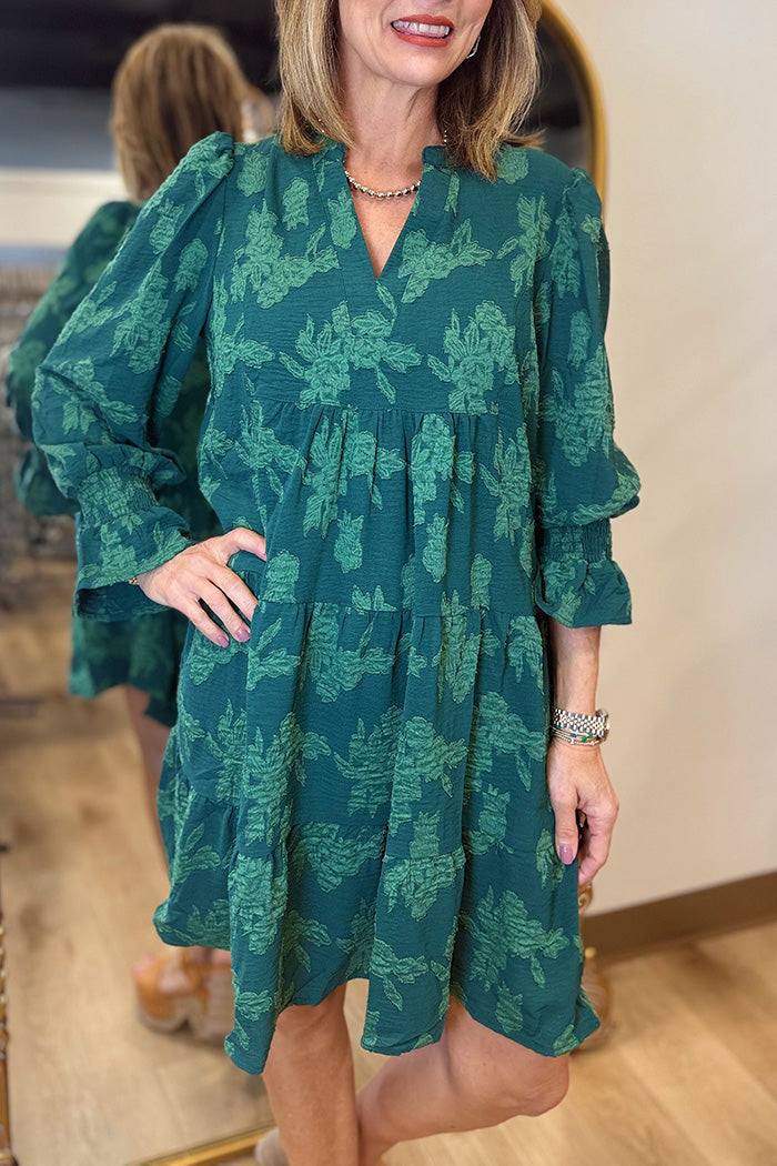 Tiered Long Sleeve Embossed Floral Dress