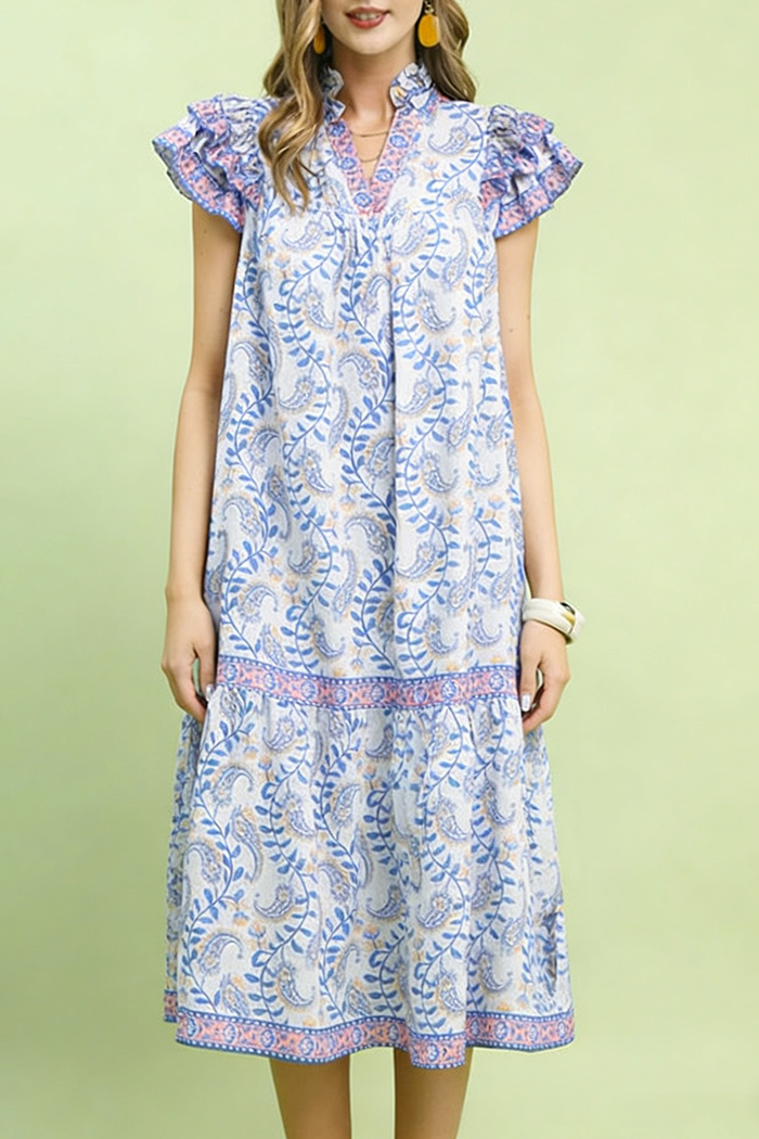 Paisley Print Ruffled Cap Sleeve Pocket Dress