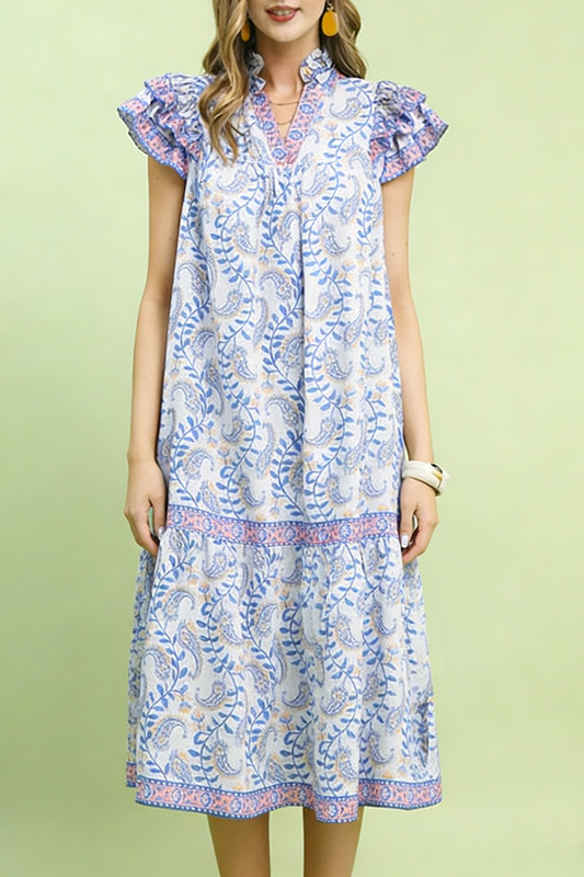 Paisley Print Ruffled Cap Sleeve Pocket Dress