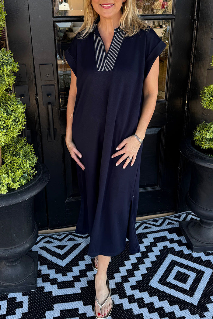Navy Pocketed Contrast Trim Dress