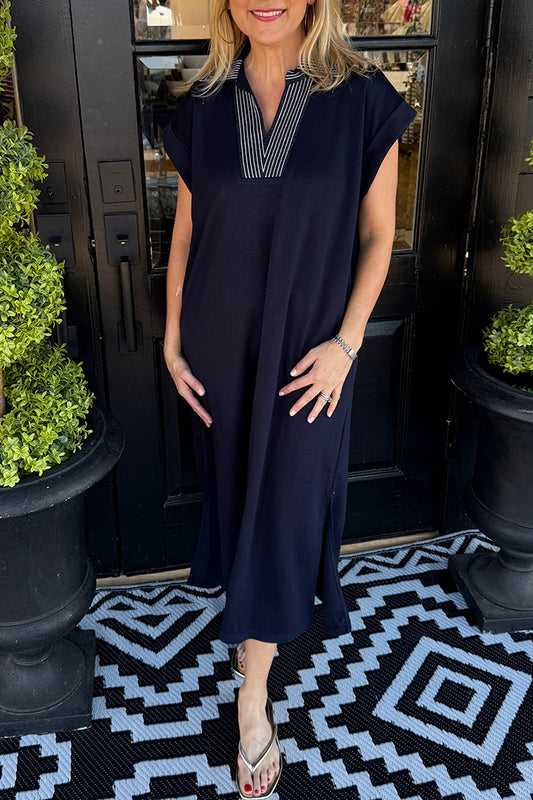 Navy Pocketed Contrast Trim Dress