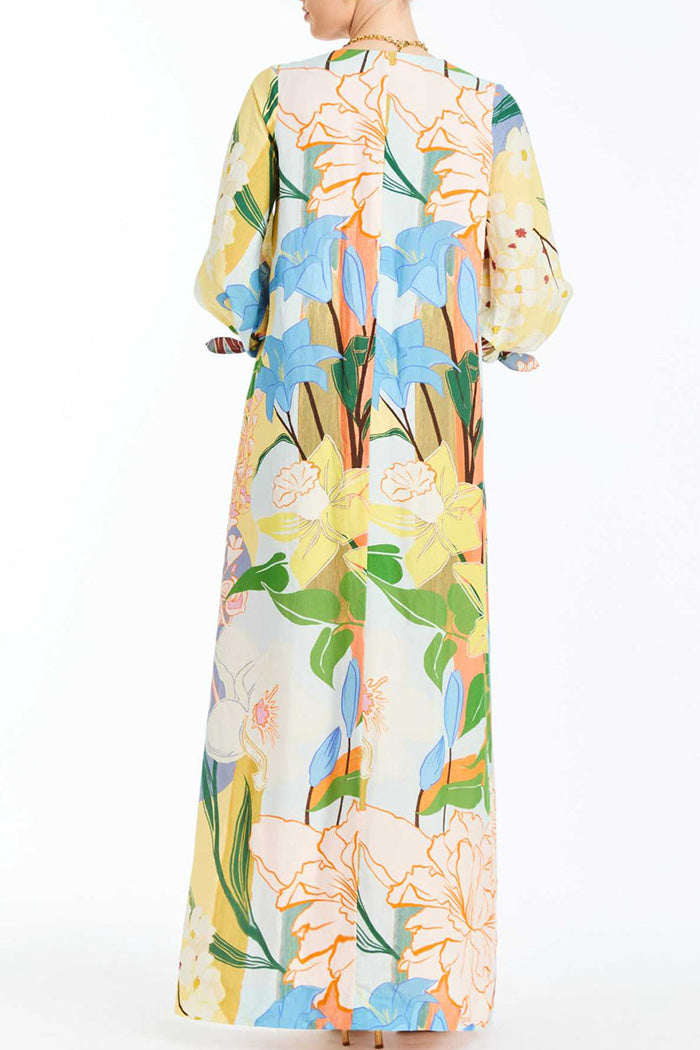 Tie-Cuff Puff Sleeve Floral Pocket Maxi Dress