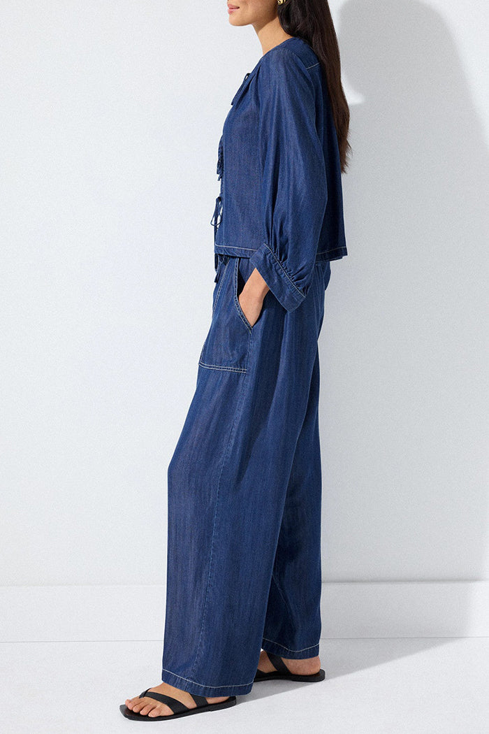 Tie Front Balloon Sleeve Wide Leg Denim Set