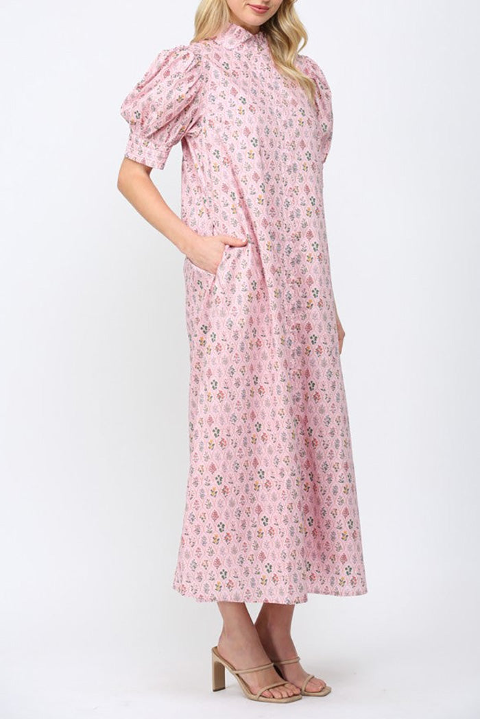 Pink Floral Pocket Midi Dress