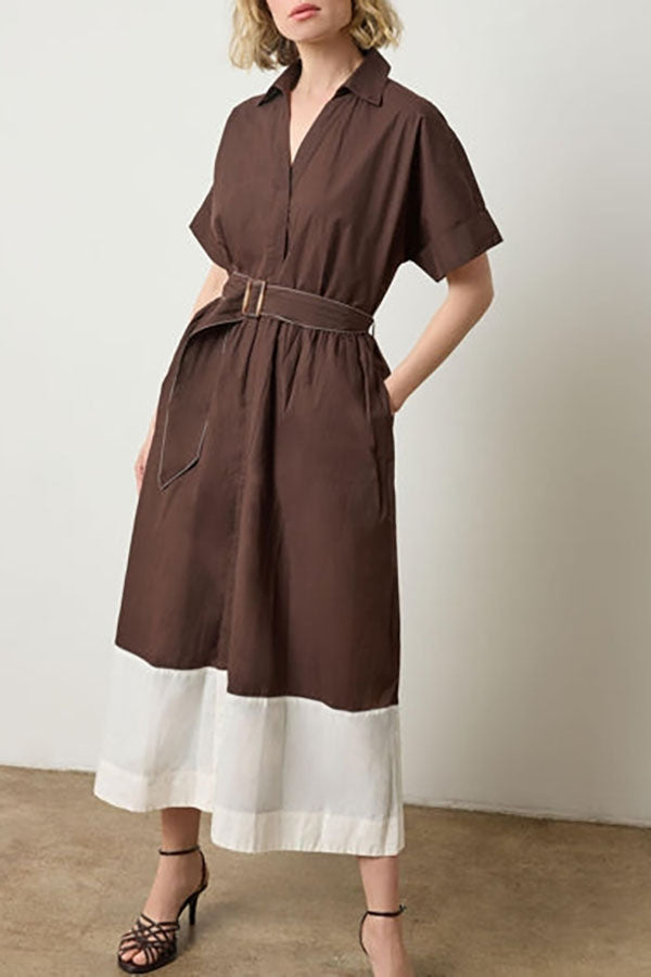 Patchwork Block Waist Belt Pocket Dress