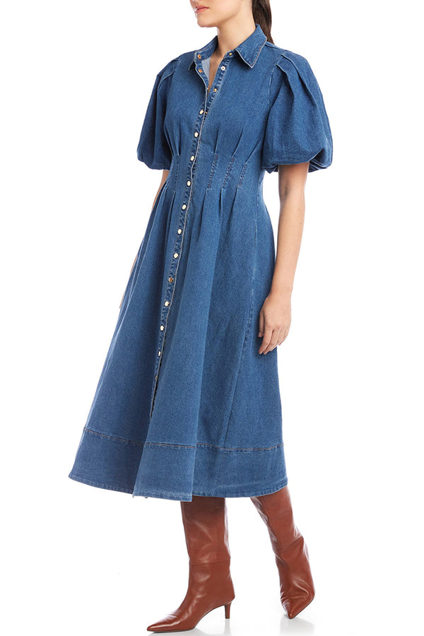 Casual Puff Sleeve Denim Dress