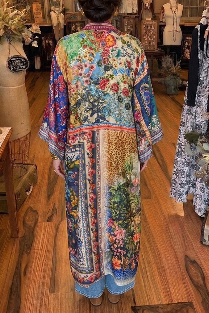 Reversible Patchwork Floral Long Silk Kimono