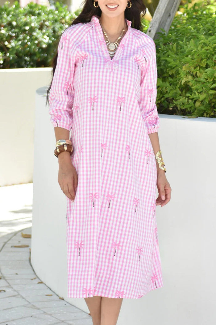 Pink Long Sleeve Gingham Plaid Dress