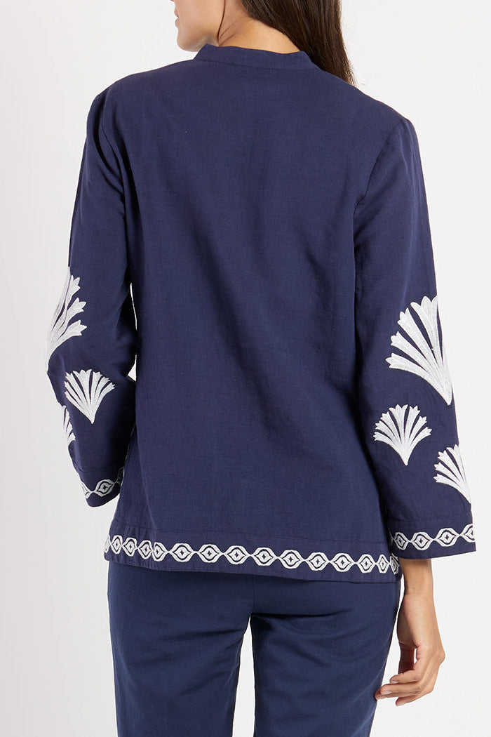 Navy Embroidered Geometric V-Neck Top