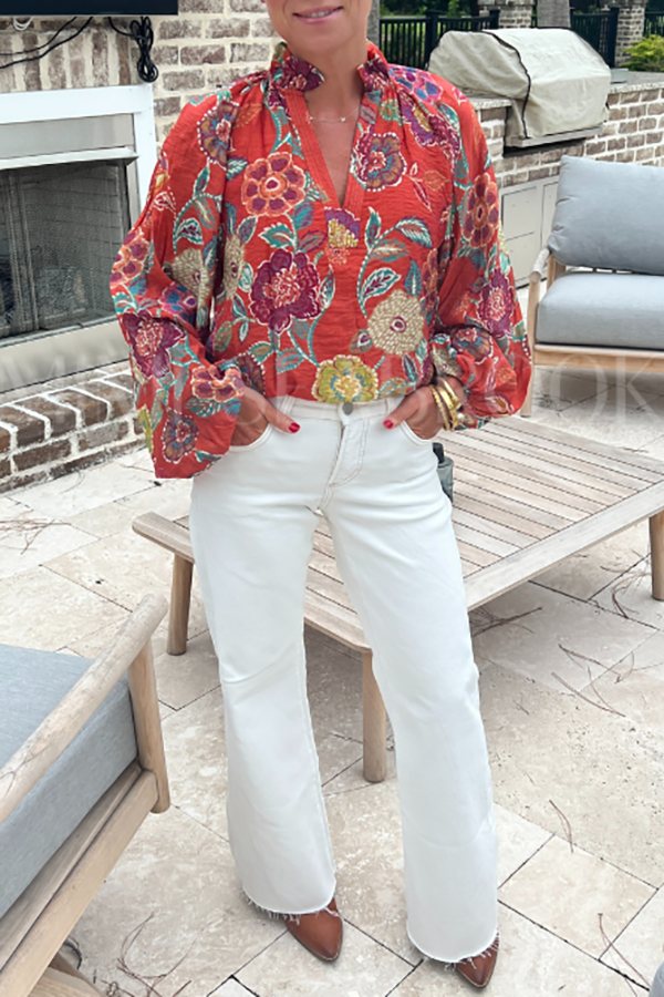 Casual Ruffles Collar Floral Top