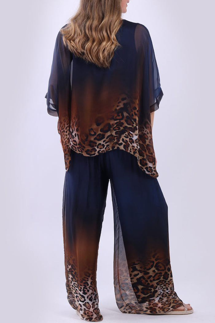 Leopard Layered Batwing Top Wide Leg Pants Set