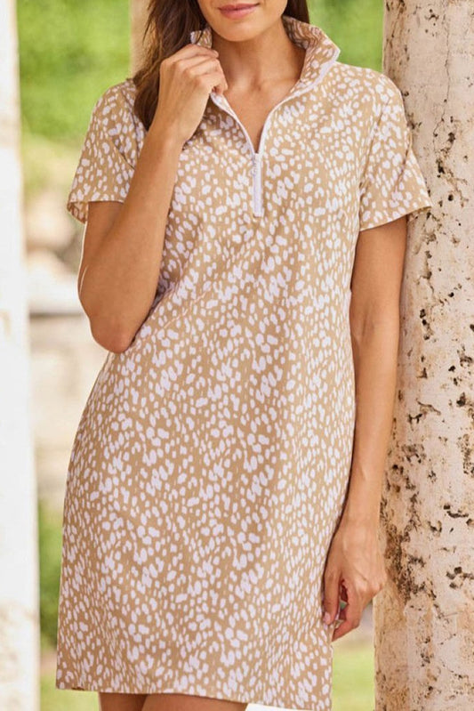 Beige Spotted Zip Neck Shift Dress