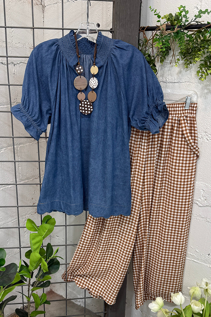 Bubble Sleeve Top & Taupe Gingham Wide Leg Pants Set