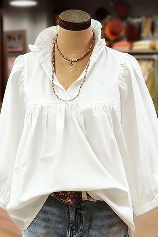 Ruffled V-Neck Puff-Sleeve Blouse