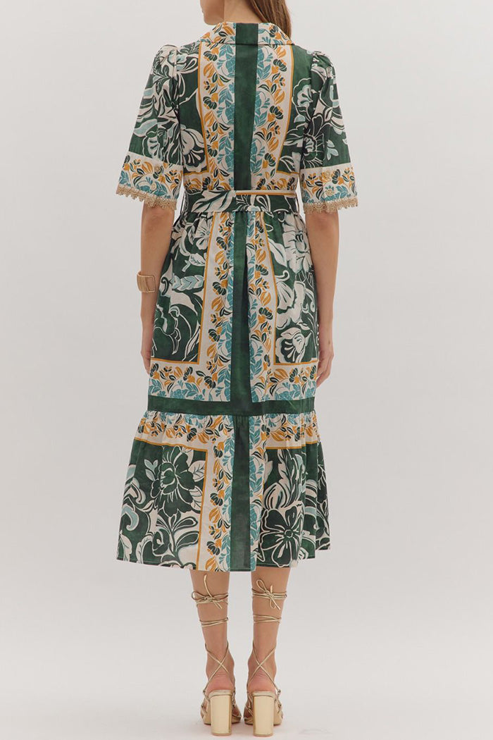 Short-Sleeve Belted Pocketed Floral Midi Dress