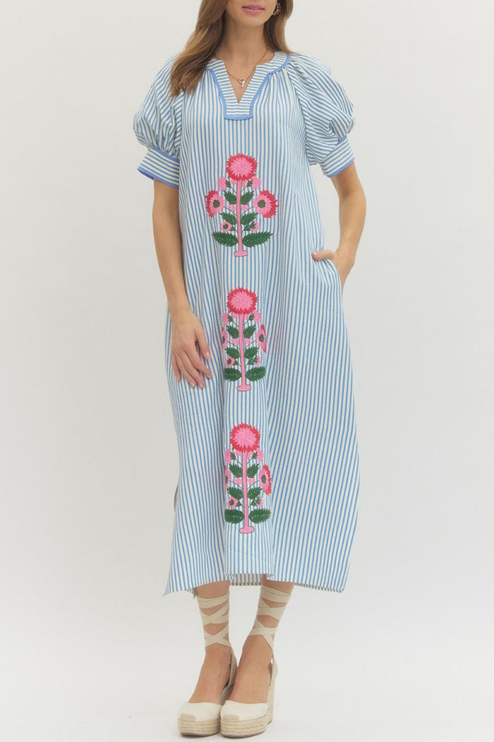 Stripe Short Sleeve Pocket Midi Dress