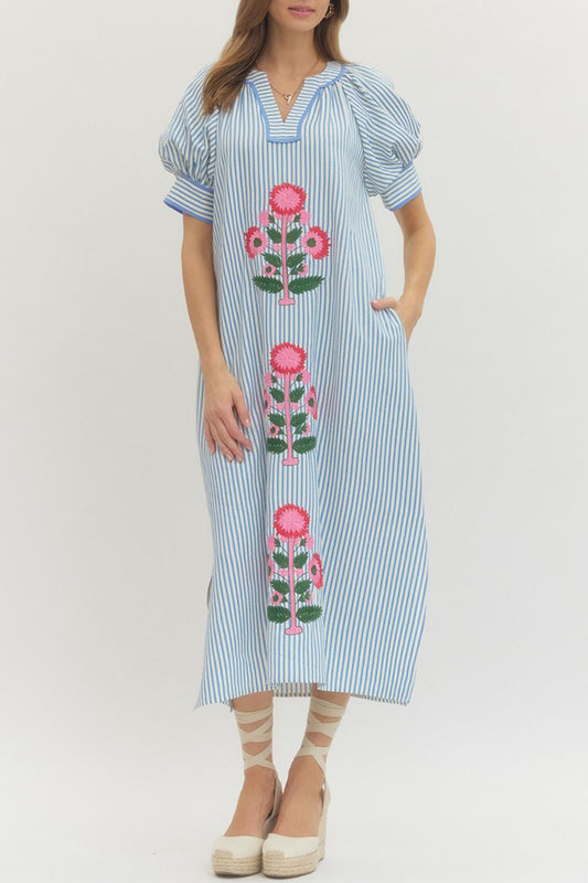 Stripe Short Sleeve Pocket Midi Dress