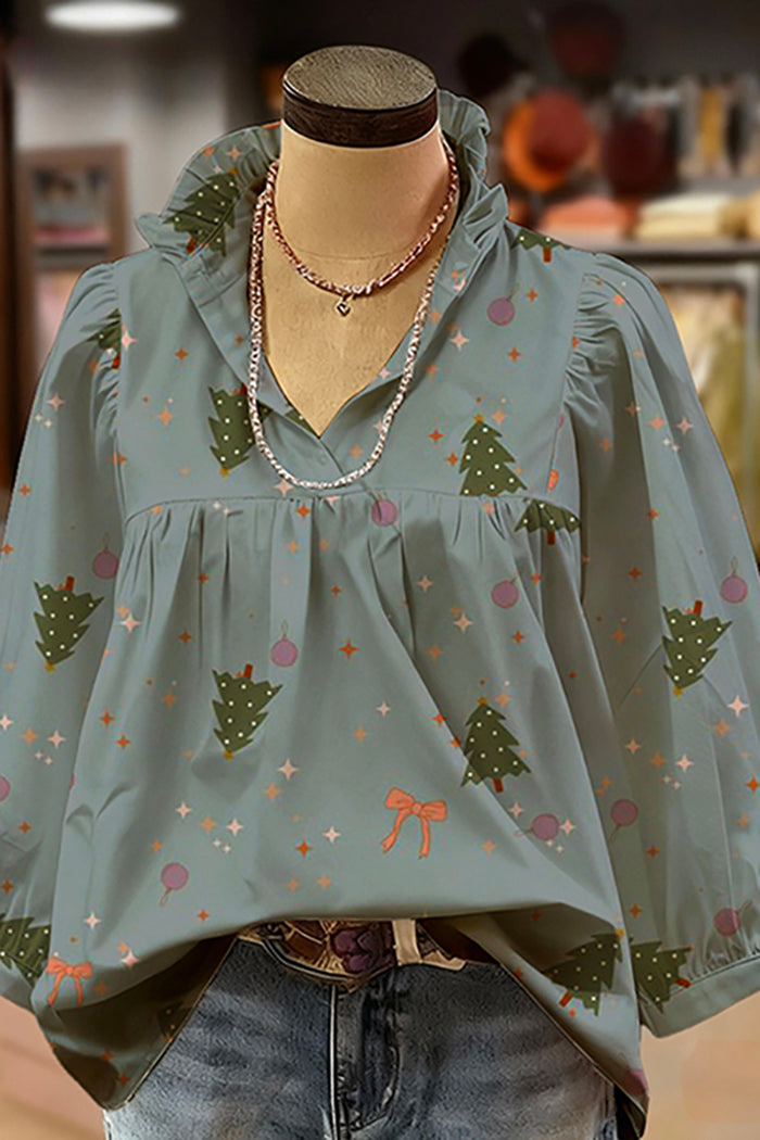 Print Ruffled V-Neck Puff-Sleeve Blouse