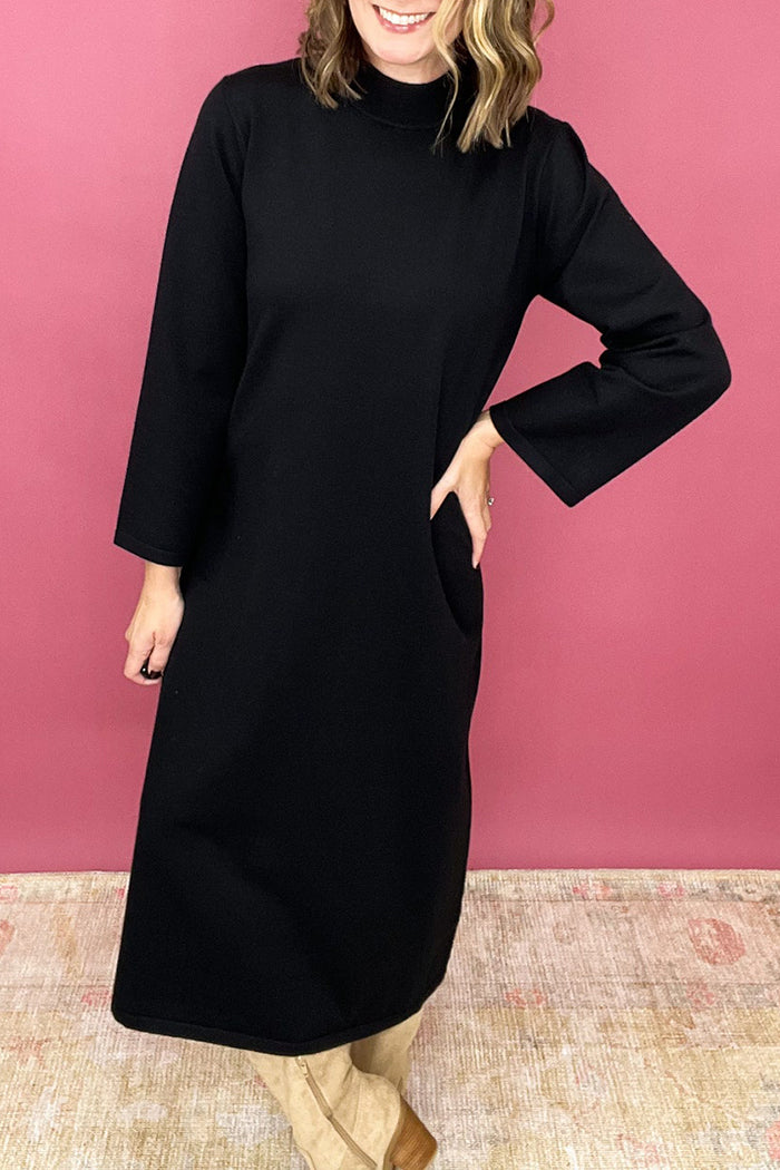 Solid Mock Neck Long Sleeve Midi Dress