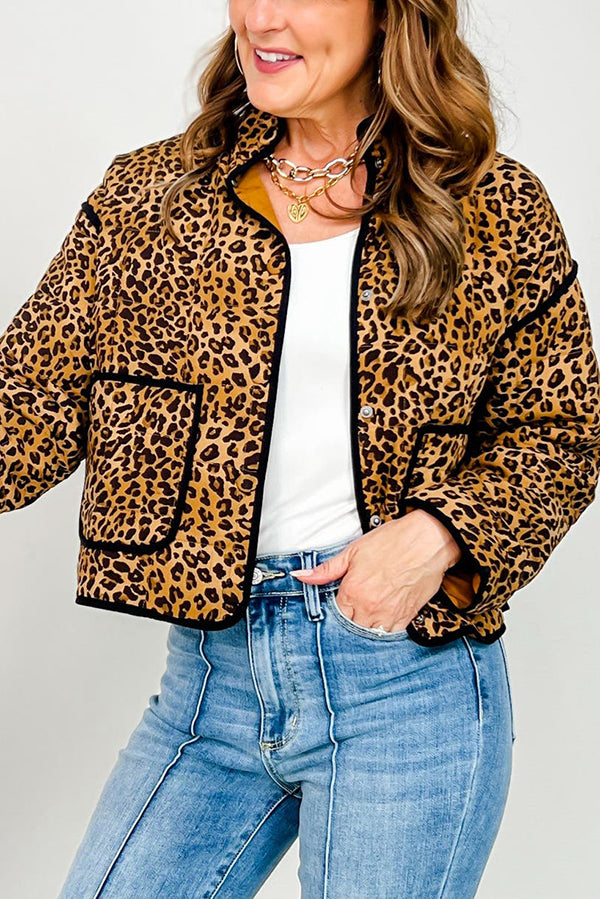 Quilted Leopard Button Down Puffer Jacket