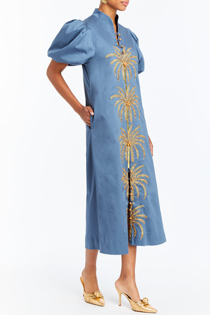 Pocketed Palm Tree Embroidered Midi Dress